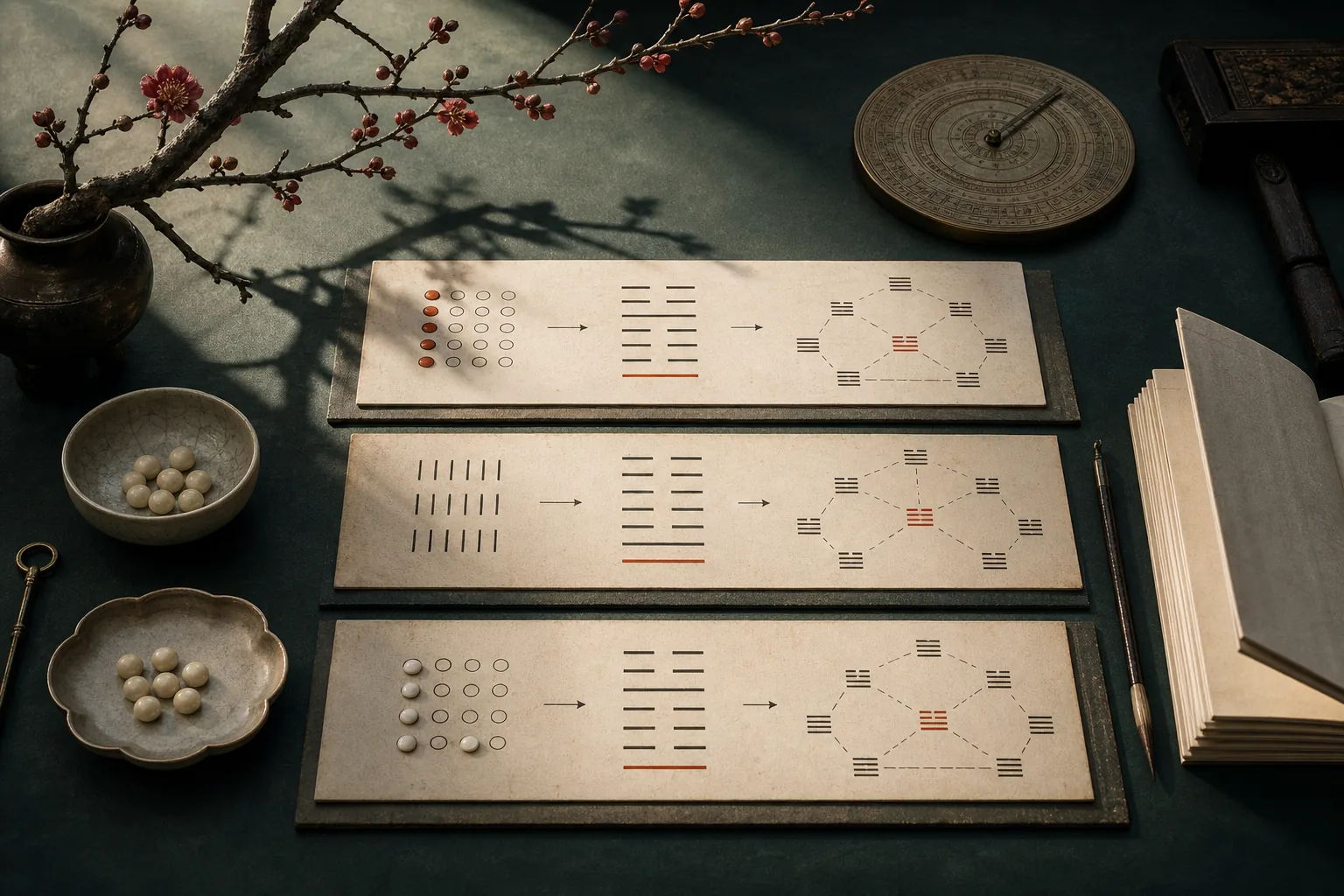 梅枝、环境物象、数筹与本卦互卦变卦关系构成的艺术化研究意象；不把“观梅占”当作已证历史事件，不以邵雍肖像暗示亲撰定论。