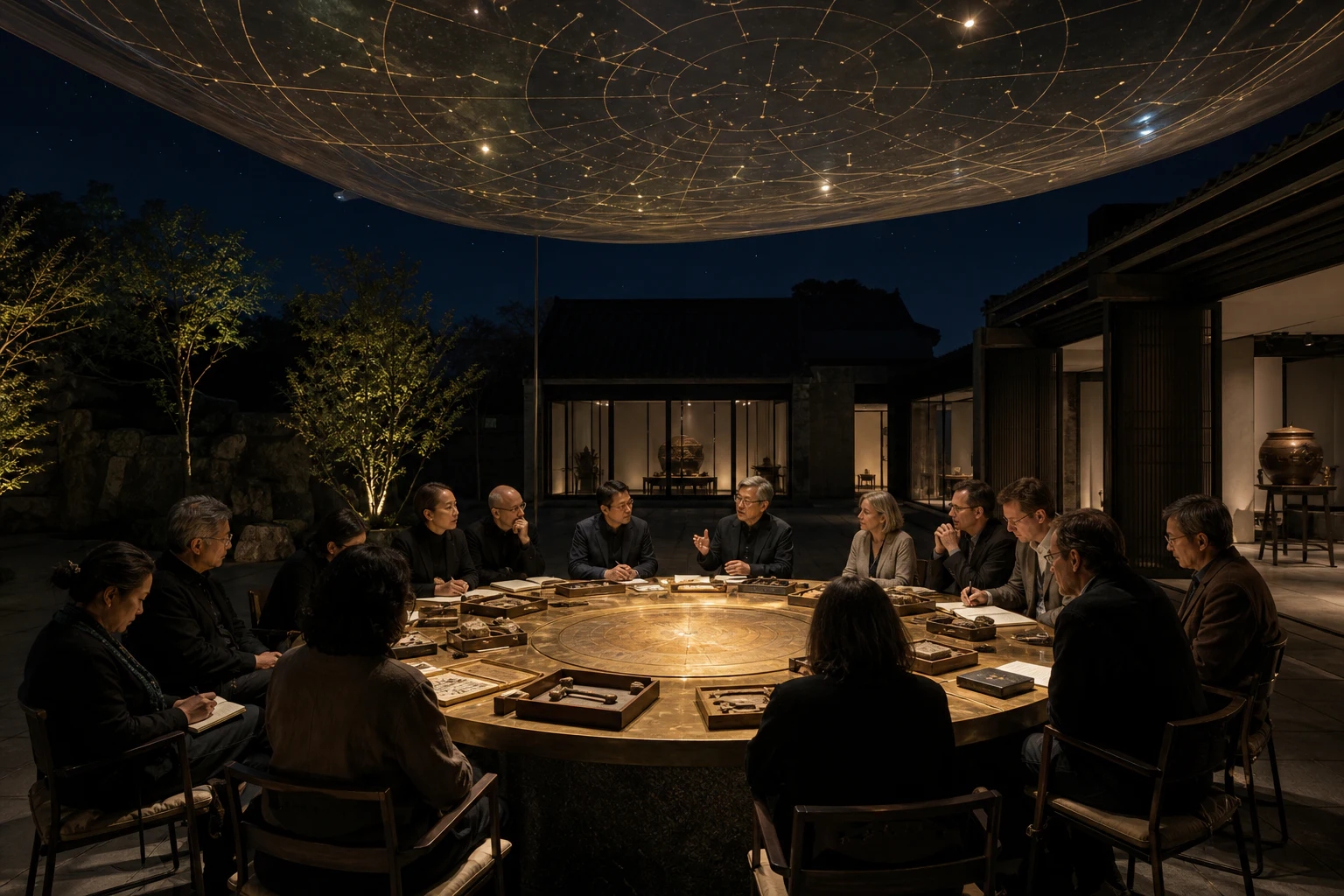 国际学者在现代中式庭院围桌讨论文献、器物与天文历法